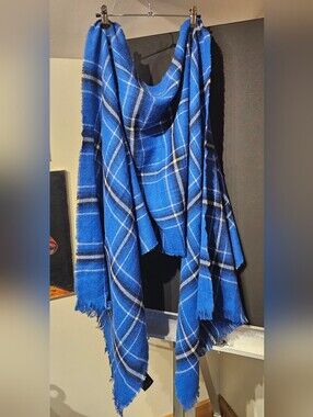 H&M Blue Plaid Knit Scarf with Fringe
